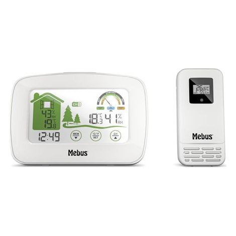MEBUS funkgesteuerte Wetterstation mit Außensensor, Thermometer/Hygrometer (innen/außen), Wohlfühlindikator bewertet Raumklima, Min-/Max-Funktion, Beleuchtung, Wecker, Farbe: Weiß, Modell: 40903 (1/5)