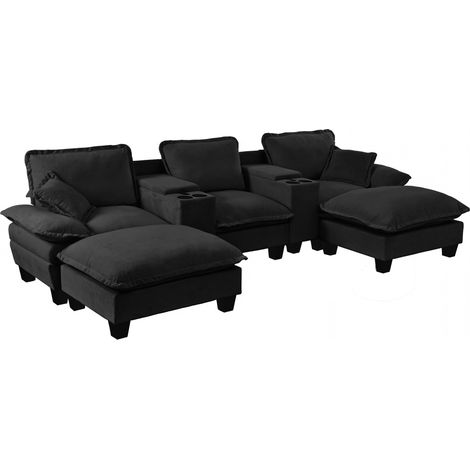 Modulares U-Sofa aus schwarzem Chenille mit Becherhaltern, Stauraum, USB, 2 Hockern (1/5)