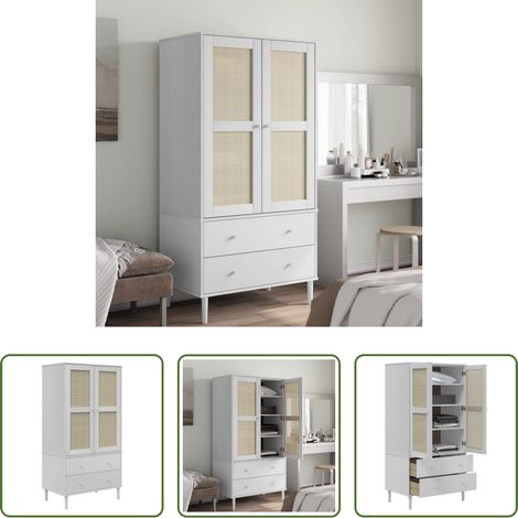 Holzschrank - Kleiderschrank SENJA Rattan-Optik Weiß 90x55x175 cm Kiefernholz (1/5)