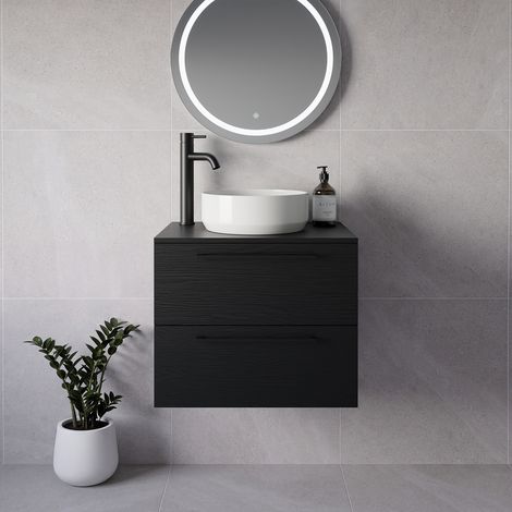Napoli 460 Nero Oak 600mm Wall Mounted 2 Drawer Vanity Unit for Countertop Basins - 600mm - Matt Black 320mm Handle