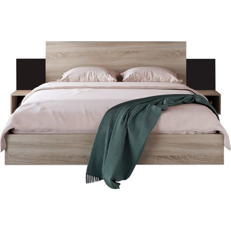 Lit Adulte Lit Double avec 2 Tables de Chevet Intégrées, 160×200 cm, sans Matelas, en Bois Massif, Gris Foncé (1/4)