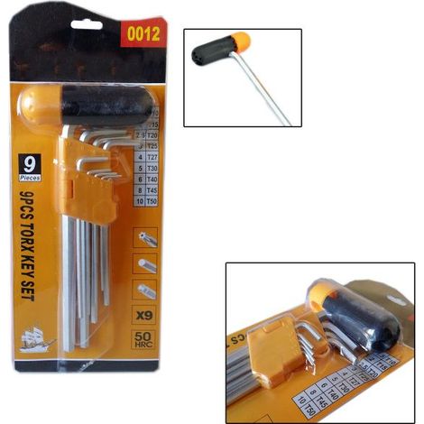 SET KIT 9 CHIAVI ESAGONALI LUNGHE AD ELLE MANICO MANDRINO FORATO DA T10 A T50