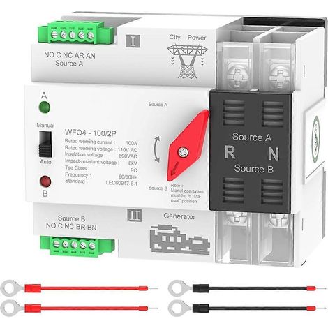 Commutateur de transfert automatique 100 A AC 110 V, commutateur de transfert double alimentation ATS 2P, montage sur rail DIN pour générateur domestique, camping-car, réseau public