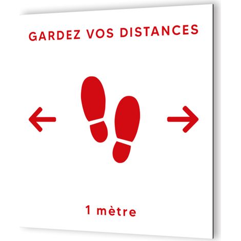 Pictogramme Gardez vos distances - Panneau signalétique Dibond blanc - Picto rouge - 20x20 cm, 3 mm, fixation multiple (1/5)
