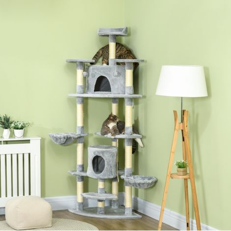 Árbol para gatos de sisal y felpa gris claro, diseño 2 en 1, multinivel para rascar, descansar y jugar, 60 x 60 x 200 cm (1/5)
