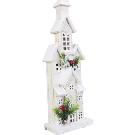 Décoration de Noël LED - Église en bois enneigée 55 cm, blanche, fonctionne sur piles