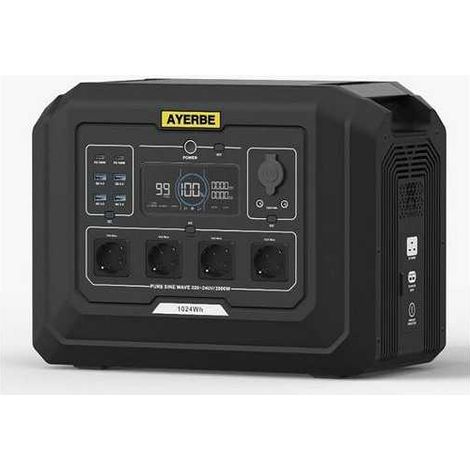 Estación de Energía Ayerbe AY-1024 Wh / 2000 W con Batería LiFePO4, Salida AC 2000 W, USB-C 100 W, Recarga Solar y Red Eléctrica, para Alta Potencia