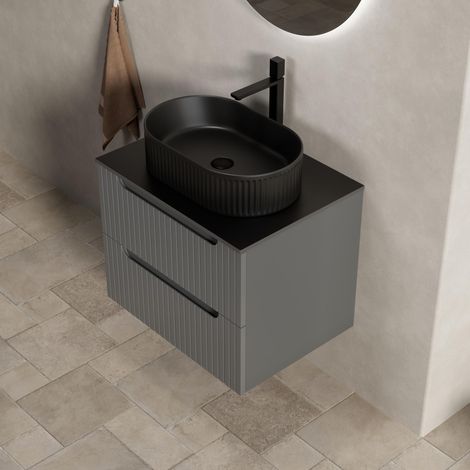 Armoire murale de salle de bain 60x46x62.2 cm - Meuble sous-vasque suspendu avec vasque ovale noire et plateau en pierre frittée noire - Contreplaqué - Anthracite