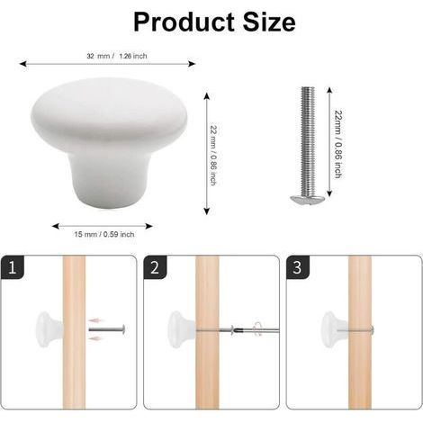 Lot de 10 Boutons en Céramique Blanche Rétro, Poignées Rondes pour Porte, Armoire et Tiroir de Cuisine, Diamètre 32 mm avec Vis de 3 Longueurs (1/5)