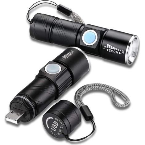 noir Mini lampe de poche rechargeable USB (lot de 2) Lampe torche multifonction étanche IPX6 pour les activités nocturnes en extérieur, le camping