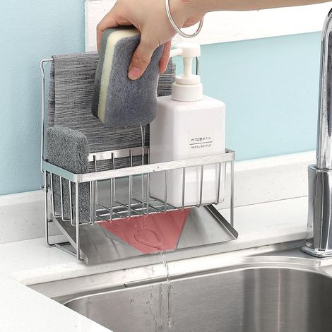 Soporte para esponjas de fregadero de cocina - Bandeja organizadora con escurridor automático - Soporte para esponjas de acero inoxidable (1/5)