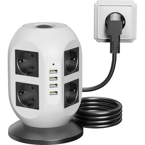 Multiprise 8 prises avec 2 ports USB, protection contre les surtensions (2160J), rallonge de 2 mètres, double interrupteur pour la maison et le bureau(Noir et blanc) (1/5)