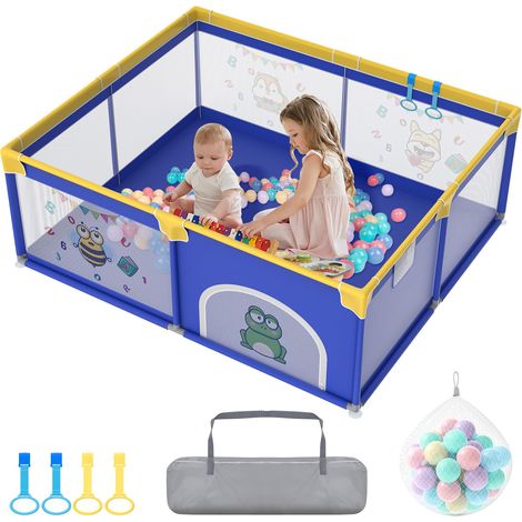Laufstall Baby Laufgitter Baby 150x180cm Baby Playpen mit 50 Spielbällen, 1 Krabbelgitter und 4 Zugringen Kinder Tragbarer Laufstall Kleines Laufstall, Blau Tier NAIZY (1/4)