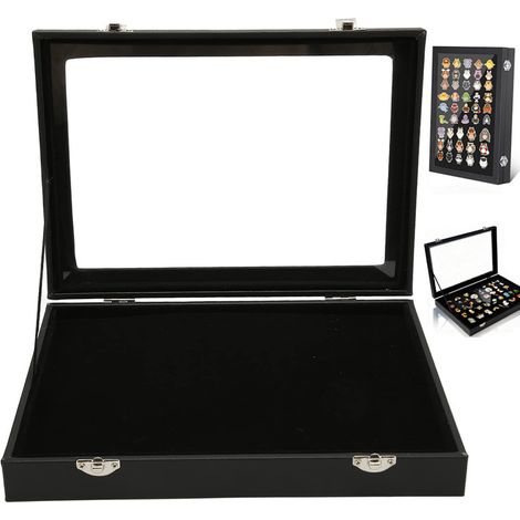 Aufbewahrungsbox für Anstecknadeln – Vitrine mit staubdichtem Glasdeckel – Aufbewahrungsbox für Anstecknadeln, Schmuck und Accessoires – Mittlere Größe – Schutzdeckel – 28 x 20 x 4,8 cm – Schwarz (1/5)
