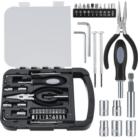 22 Pièces Boîte à Outils Complète, Mallette Outils, Coffret à Outils Complet, Boîte à Outils Portable avec Jeu de Tournevis de Precision pour Bricolage