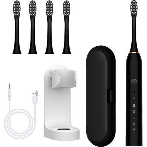 Brosse à dents électrique sonique, poils souples, convient aux adultes, rechargeable, étanche, pour un usage domestique (noire) (1/5)