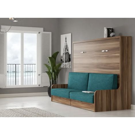 Lit escamotable horizontal 160x200 avec canapé tissu Kalian-Avec matelas-Coffrage Noyer-Façade Noyer-Canapé Bleu canard (1/4)