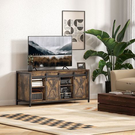 Meuble TV bas, design industriel, pour téléviseurs 60 pouces, 6 compartiments, 2 portes coulissantes, marron/noir