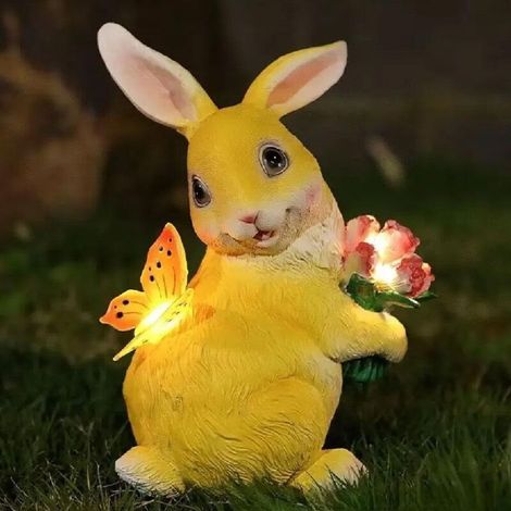Statue de lapin lumineuse en résine à énergie solaire, décoration de jardin, idéale pour un sentier, un porche, une pelouse, un jardin ou un extérieur, jaune