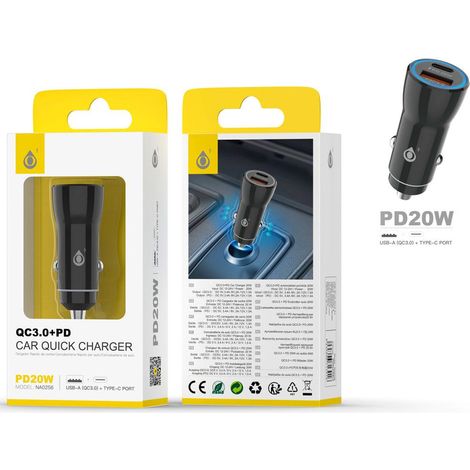 Jc na0256 black / cargador de vehículo usb-c / usb-a 20w