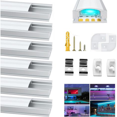 6x1mètre Aluminium Profilé U-forme pour Bandes à LED, Compact avec Blanc Laiteux Couvercle,Clips de Montage en Métal,Embouts Jaunes (1/5)