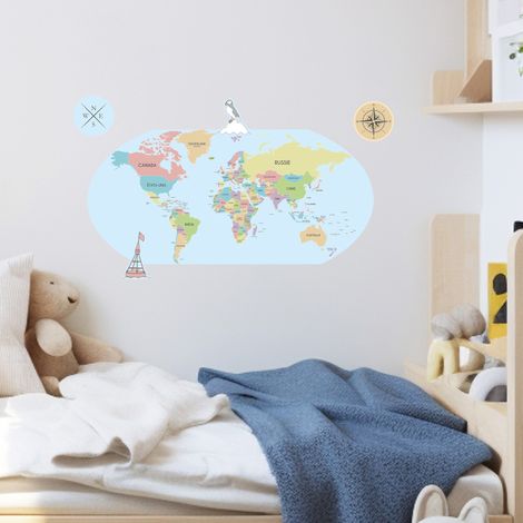 Sticker décoratif, carte du monde, planisphère, enfant, pays, éducatif, 68 cm X 24 cm (1/5)
