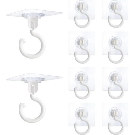 Lot de 10 crochets muraux adhésifs sans perçage, rotatifs à 360°, pour suspendre rideaux de douche, sacs à main, petites plantes, blancs (1/5)