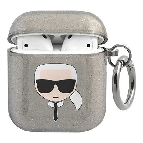 Coque 1/2 pour AirPods Karl Lagerfeld KLA2UKHGK, noire à paillettes noires, tête de Karl Lagerfeld