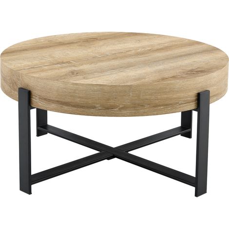 Mesa de centro redonda industrial retro 68 cm MDF con efecto madera y base metálica negra (1/5)