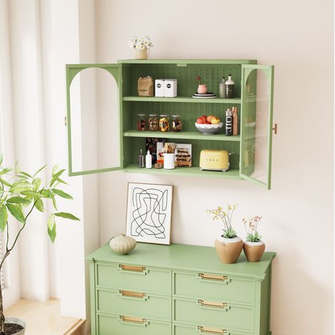 Armoire murale 70 cm verte en verre trempé et métal avec 2 portes et étagère amovible (1/5)