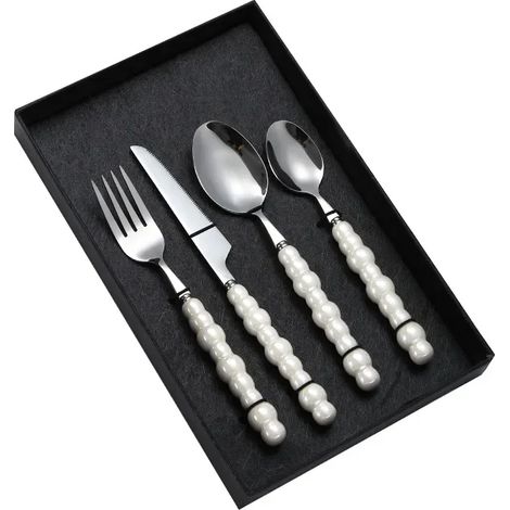 (Blanc) Vaisselle de luxe, poignée en céramique nacrée, acier inoxydable, style occidental (1/2)