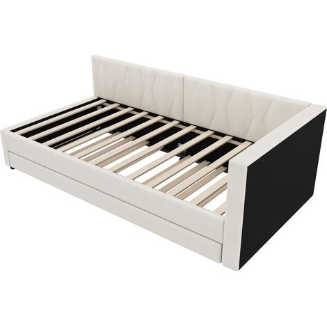 Letto da giorno 90 x 200 cm con letto estraibile, LED, USB-C, mensole, lino beige (1/5)