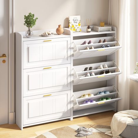 Scarpiera in MDF e truciolare bianco, set da 2, 70 x 24 x 120 cm, 3 ante a ribalta e 6 vani (1/5)