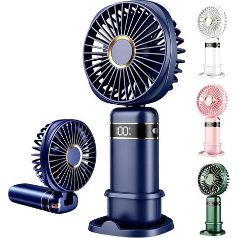 JSSEVN - Mini ventilador portátil recargable por USB con 5 velocidades, pantalla LED, ventilador de mano para viajes, playa, uso en interiores y exteriores (azul) (1/5)