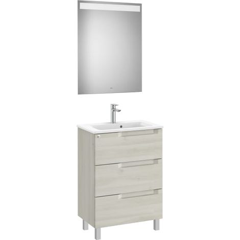 MUEBLE LAVABO 600MM ALEYDA CON PATAS COMPACTO 3 CAJONES + ESPEJO BLANCO MADERA