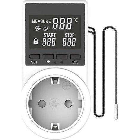 Prise thermostatique, sonde de température numérique avec affichage horaire (chauffage/refroidissement), connecteur et câble étanches, écran LCD, prise européenne. (1/5)