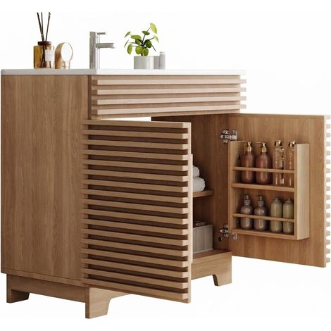 ELVMI Waschbeckenunterschrank mit 2 Softclose-Türen, Einlegeböden und Keramikwaschbecken, MDF Natur, 91x46x80 cm (1/5)