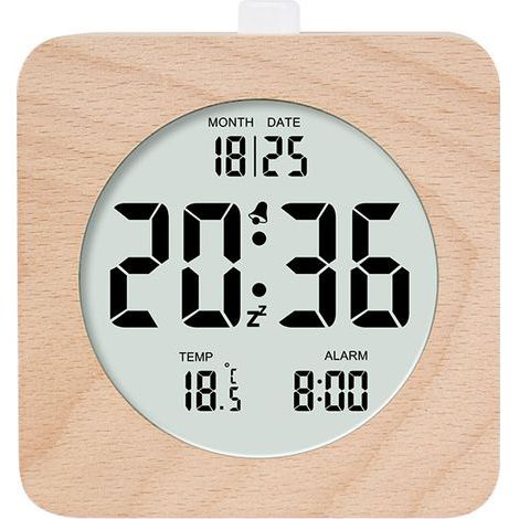 Wecker aus Massivholz, schlichte Holzuhr, multifunktionale elektronische LCD-Uhr, quadratische Form, für den Heimgebrauch.