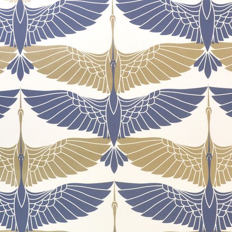 Arthouse Oriental Cranes Gold Navy Wallpaper Metallic Effect Paste The Wall (1/4)