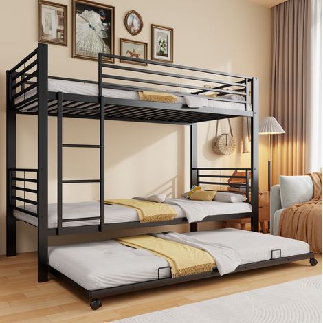 MODFU – Lit superposé enfant 90x200 cm métal – Lit gigogne 90x190 et garde-corps – Échelle et EN 747 – Chambre – Noir (1/5)