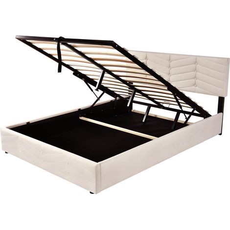 Cama tapizada 140 x 200 cm con somier de láminas y cabecero regulable, terciopelo beige HOMVRA (1/5)