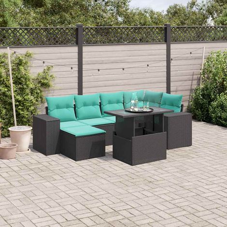 7-teiliges Gartensofa-Set mit Kissen, schwarzes Polyrattan (1/5)