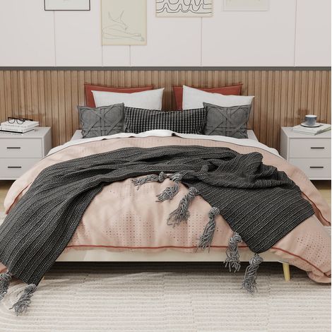 Bettgestell 160/200 cm beige aus Stoff und Metall mit niedrigem Rahmen (1/5)