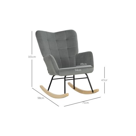 Fauteuil à bascule gris foncé aspect velours avec accoudoirs et patins en bois pour salon et chambre (1/5)