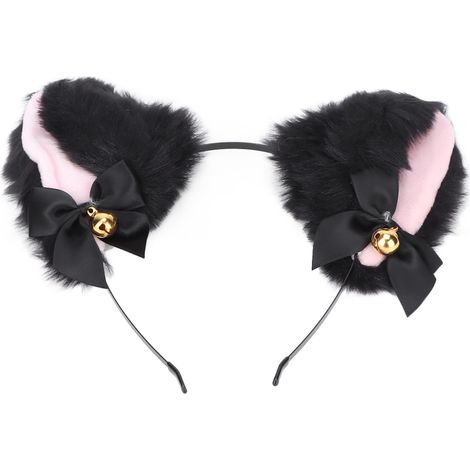 Serre-tête oreilles de chat duveteuses, mignon et en peluche, avec clochette, idéal pour Halloween, cosplay et fêtes costumées (noir) (1/5)