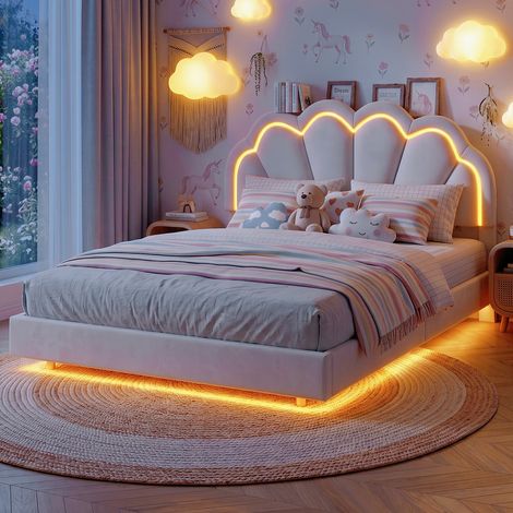 Lit Rembourré 140x190 cm Beige Velours, lit capitonné avec rangement - Tête de Lit Blanche LED Connectée App - aux ado et aux adultes modernes (1/5)