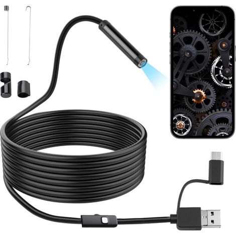 Caméra Endoscopique HD avec 6 LED Réglables, 1080P Endoscope Industriel Étanche IP67 3 en 1 USB Type-C/Micro-USB, Caméra d’Inspection pour Android, PC, Automobile, Canalisation, Plomberie(5M)