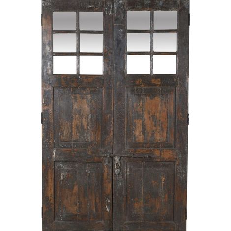 Porte d'entrée en bois massif et fer forgé pour intérieur ou extérieur, ancienne et médiévale, avec vitrage