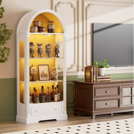 Vitrine 80x35x180 cm en MDF et verre blanc, avec rangement pour salon, moderne FloraGrace (1/5)