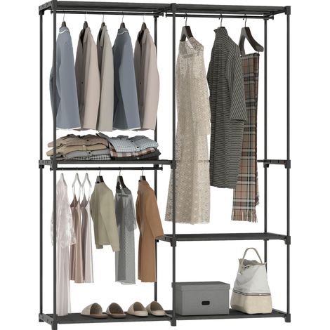 Armoire de rangement, penderie portable avec 3 barres de suspension et 4 étagères, 142 x 43 x 185 cm, noir